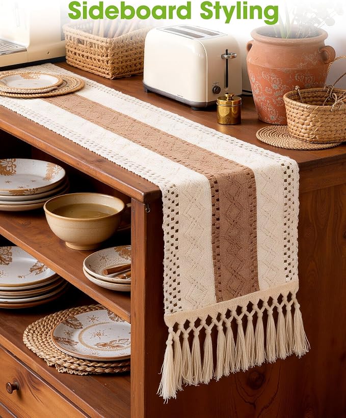 Pureegg Boho Table Runner 12 x 60 Inch, Woven Tassel Design | Dining Table - Image 6
