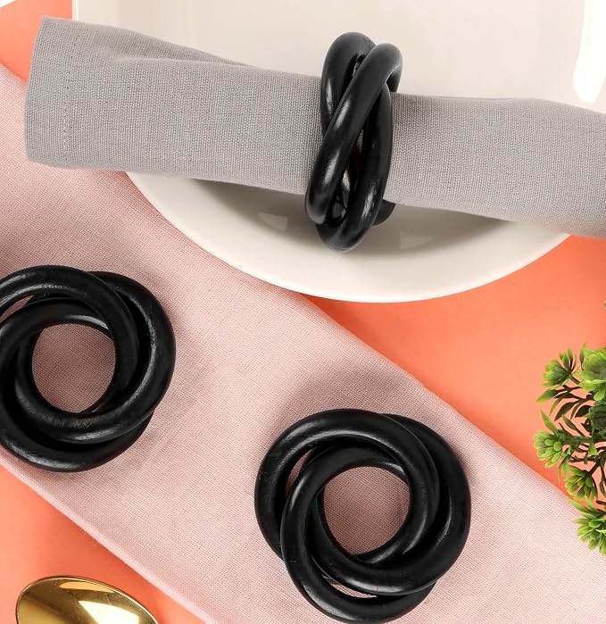 Triple-Ring Wood Napkin Rings, matte black finish, interlocked cuff style - Image 6