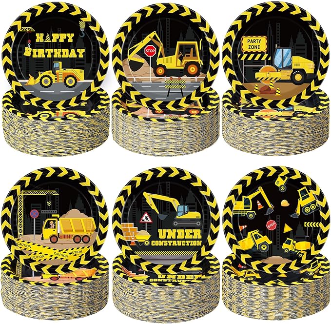 60 Pcs Construction Birthday Party Decor 7 Inch Construction Cake Dessert Paper Plates Dump Truck Digger Vehicle Excavator Disposable Black and Yellow Tableware for Boys Baby Shower Supplies