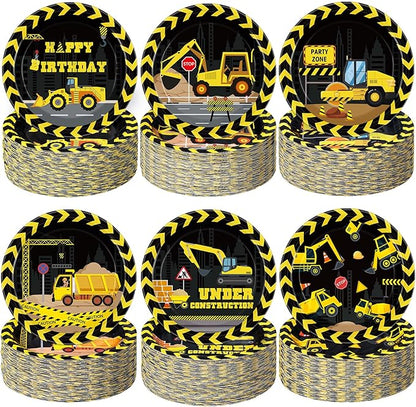 60 Pcs Construction Birthday Party Decor 7 Inch Construction Cake Dessert Paper Plates Dump Truck Digger Vehicle Excavator Disposable Black and Yellow Tableware for Boys Baby Shower Supplies