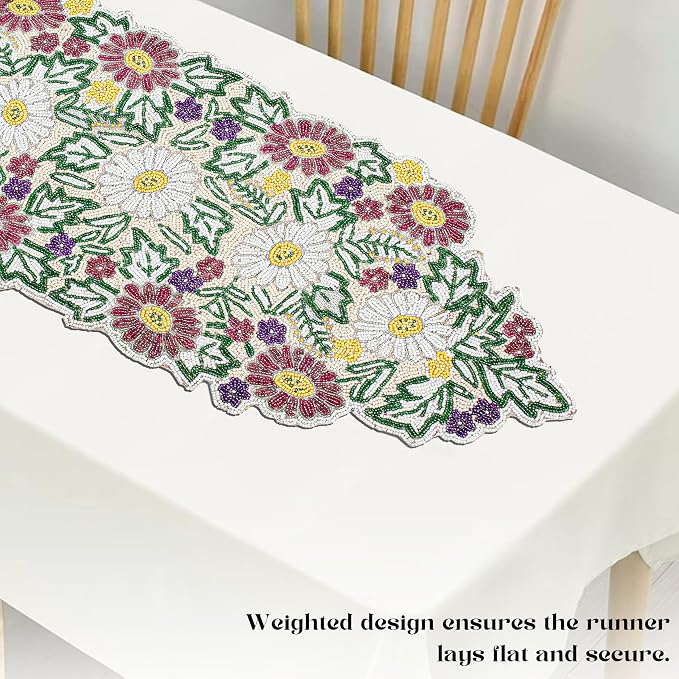 Spring Floral Beaded Table Runner, 13x36 | Glass beads, polyester backing - Image 6
