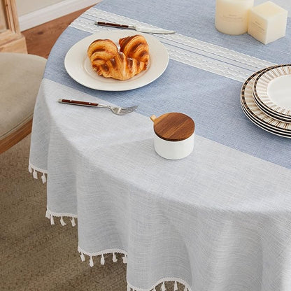 ZeeMart Contrast Linen Round Tablecloth 52 Inch Mid-Stripe Blue, Farmhouse Style Round Table Cloth Heavy Weight Dusty Blue Tablecloths, Water Resistant Burlap Table Cloths