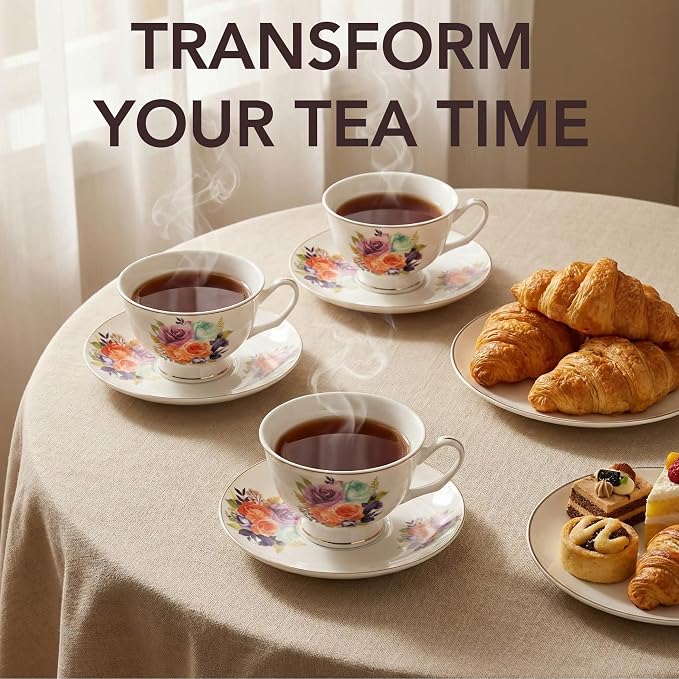 BTaT- Floral Tea Cups and Saucers, 8 oz, Fine Porcelain Teacup Set - Image 5