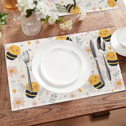 Table Placemats Set of 6,Cute Bee Cloth Placemats,Spring Flowers Heat-Resistant Table Mats for Kitchen Dining Room Decoration,Non-Slip Fabric Place Mats 11.8x17.7 Inch