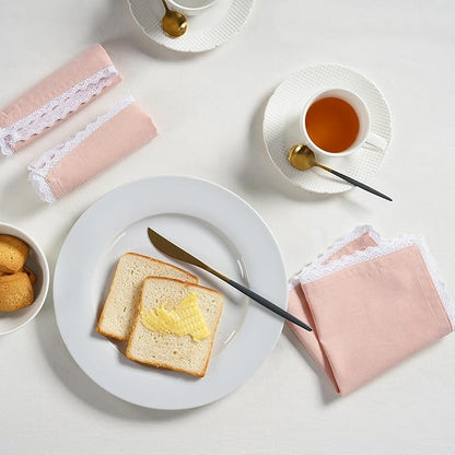 Fingercraft Dinner Cloth Napkin Cotton Linen Blend 12 Pack Mitered Corners with Elegant Lace for Everyday Use Napkins are Pre Shrunk and Good Absorbency (Pink, 12in x 12in)