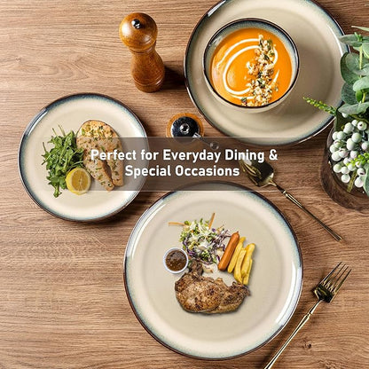GBHOME Ceramic Dinnerware Sets for 8, 24 Pieces Stoneware Plates and Bowls Sets, Reactive Glaze Dishes -Scratch Resistant, Dishwasher&Microwave Safe, Pale Khaki