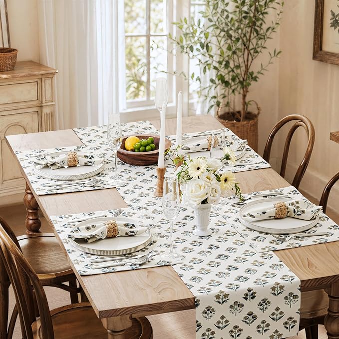 Block Print Floral Decorative Table Runners, 13x60 Inch Latte | 100% Organic - Image 7