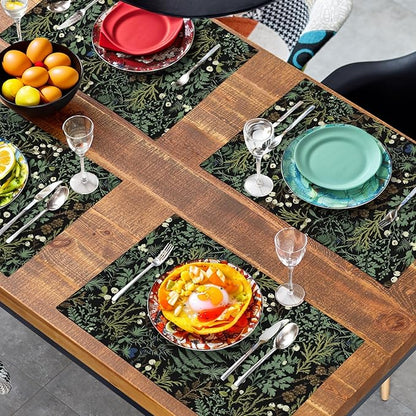 Black Sage Green Leaves Placemats Set of 4 Vintage Botanical Fern Leaf Floral Place Mats Farmhouse Heat Resistant Washable Kitchen Dining Linen Table Mats for Home Party Decor 12x18 Inch