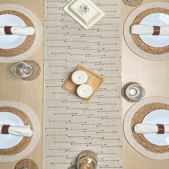 Woven Jute with Ivory/Black Handcrafted Details Decorative Table Runner - Image 8