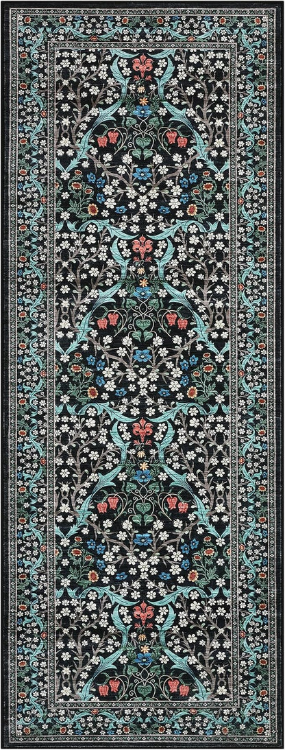 GarveeHome Kitchen 2x6 Runner Rug, Floral Washable Rugs for Hallways Non Slip Stain Resistant, Boho Soft Rug Botanical Carpet for Entryway, Laundry Room, Bedroom Floor Mat, Black