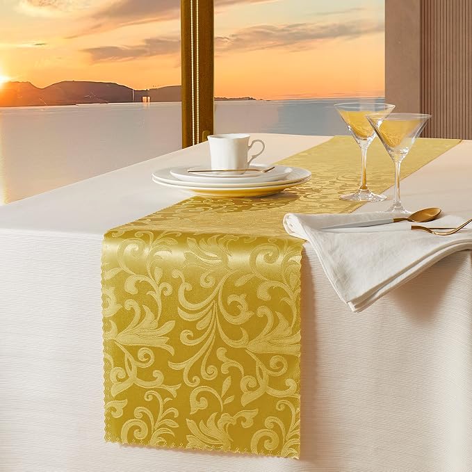 Manyshofu Gold Jacquard Satin Table Runner 12x108 by Manyshofu