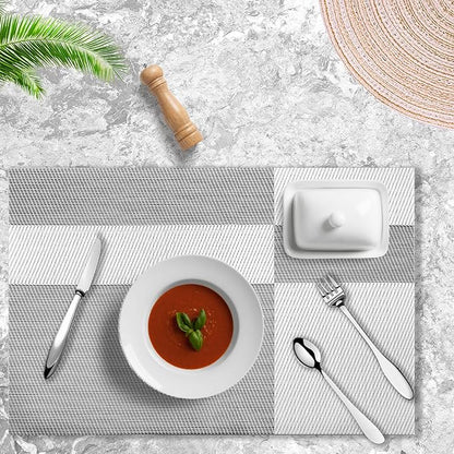 Placemats Set of 4 Vinyl Washable White Gray Placemats, 18"x12" Wipeable Heat-Resistant Non-Slip Easy Clean Table Mats Ideal for Dining Table Table Runner and Outdoor (4, White Square)
