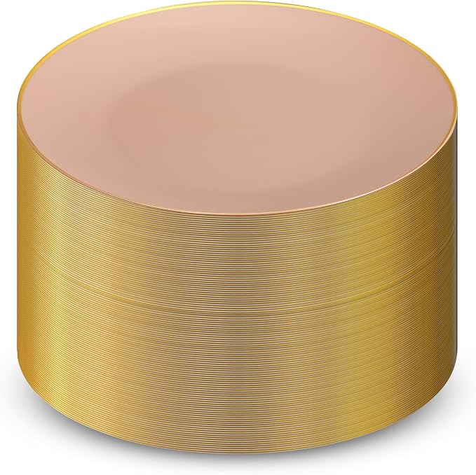 100 Pink Gold Plastic Plates Set, Elegant Fancy Heavy Duty - Image 6