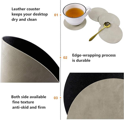 Set of 6 Faux Leather Round Placemats and Coasters, Coffee Mats Kitchen Table Mats, Waterproof, Easy to Clean for Kitchen Dining Round Table
