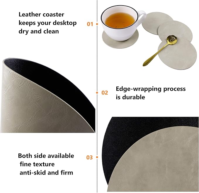 Set of 4 Faux Leather Round Placemats and Coasters, Coffee Mats Kitchen Table - Image 2