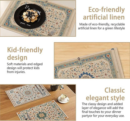 Persian Carpet Spring Summer Green Blue Placemats Set of 6, Linen Washable for Christmas, Thanksgiving, Party, and Daily Dining, Decorative Table Mats for 4-6 Person Table