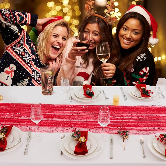 Snowkingdom 6 Pcs Red Glitter Table Runner 10 FT, Sheer Chiffon Sparkle Gauze - Image 6