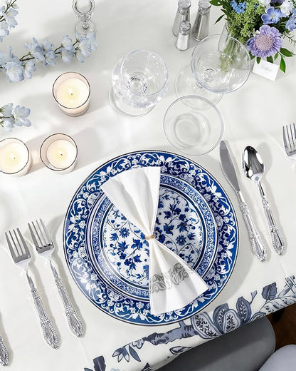 Hioasis 60pcs Blue Plastic Plates Set - Floral Blue & White Porcelain Design, 10.25" Dinner & 7.5" Dessert Plates Disposable for Wedding (Dishwasher Safe, Art Style)