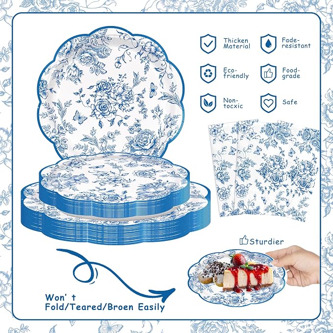 100pcs Blue Floral Paper Plates Napkins Flower Scalloped Tableware | Disposable - Image 3