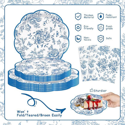 100pcs Blue Floral Paper Plates Napkins Flower Scalloped Tableware | Disposable - Image 3