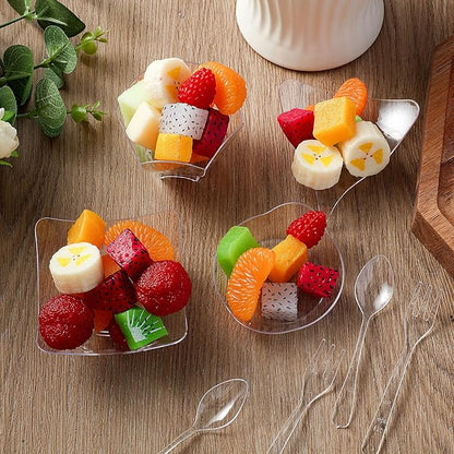 Tessco 800 Pcs Mini Appetizer Plates Set Including 400 Disposable Dessert Plates Assorted Shape 200 Mini Plastic Forks 200 Plastic Spoons for Party(Clear,Stylish)