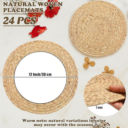 Kochorie Set of 24 Round Woven Placemats 12-Inch Natural Water Hyacinth Plant Placemats Hand-Woven Boho Rattan Placemat Wicker Weave Table Mats for Home Dinner Plates Holiday Supplies