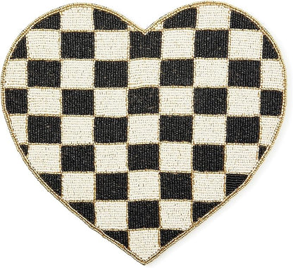 MACKENZIE-CHILDS Beaded Placemat, Indoor Table Mat, Black-and-White Check Heart Shaped
