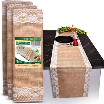Burlap Lace Table Runner – 14”x 72” by Fibeusion