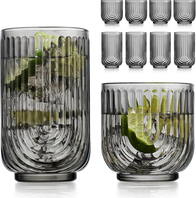 Glaver's 8 Piece Smoke Glassware Set, Art Deco Black Drinking Glasses, Ribbed by Glavers