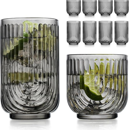 Glaver's 8 Piece Smoke Glassware Set, Art Deco Black Drinking Glasses, Ribbed by Glavers