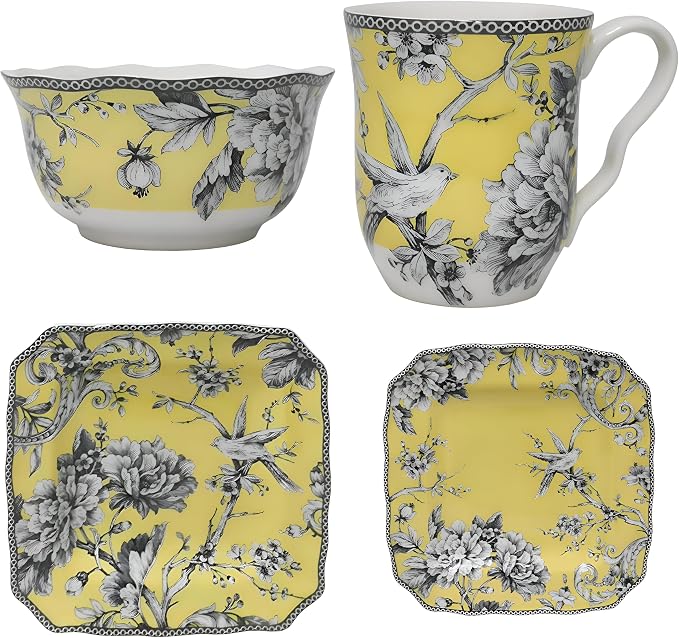 222 Fifth Adelaide Yellow 16-Piece Floral Porcelain Dinnerware Set | Microwave - Image 9
