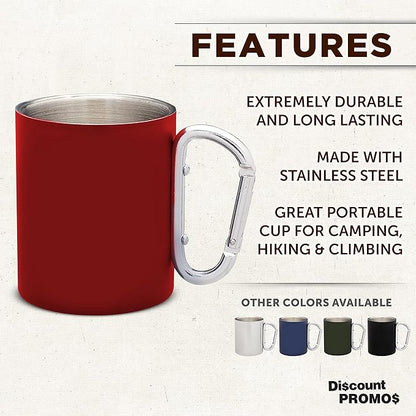 DISCOUNT PROMOS Stainless Steel Mugs with Carabiner Handle 10 oz. Set of 10, Bulk Pack - Perfect for Coffee, Soda, Other Hot & Cold Beverages - Red