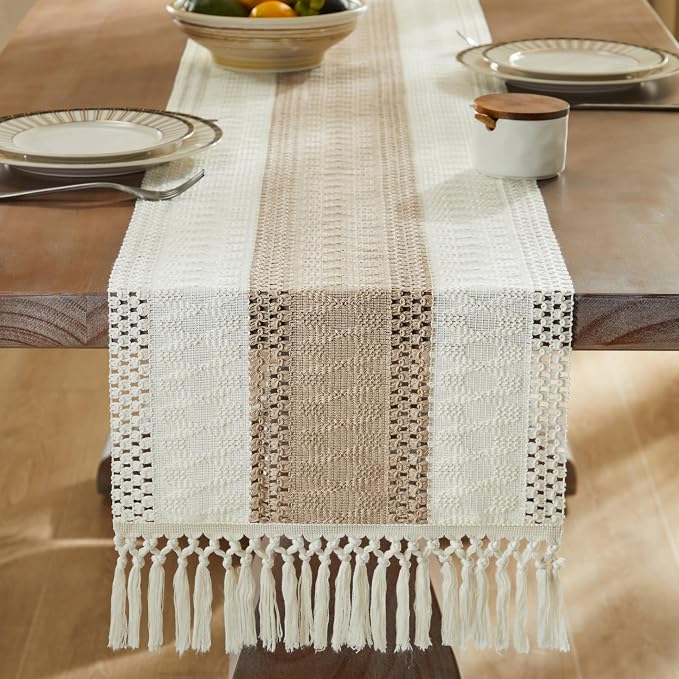 Macrame Style Bicolor Stitching Table Runner 14x108in Taupe | Woven Boho Table - Image 3