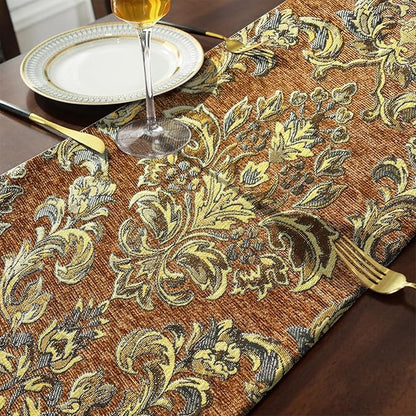 Caramel Table Runners 108 inches Long Vintage French Floral Chenille Cloths | - Image 5