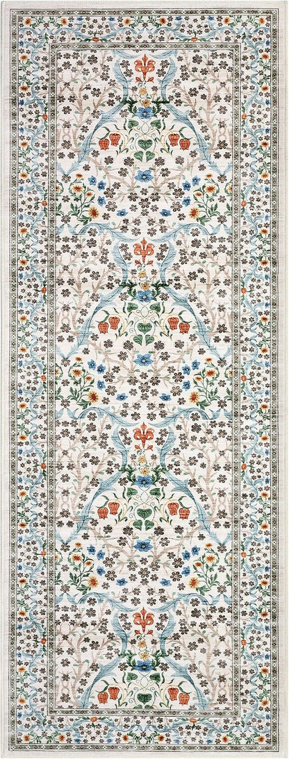 GarveeHome Washable Kitchen Runner Rug, Floral 2x6 Rug for Hallway Non Slip Stain Resistant, Ultra-Thin Boho Soft Hallway Rug for Entryway, Laundry Room Floor Mat, Beige