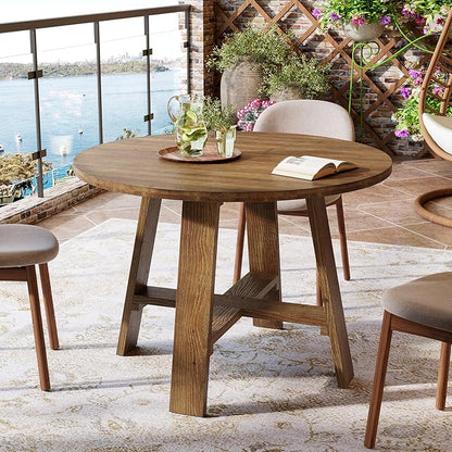 39.4" Round Dining Table for 2–4 People, Solid Wood Farmhouse Kitchen Table with Natural Wood Grain for Dining Room, Rustic Brown