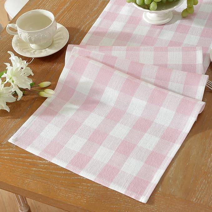 Laolitou Spring Pink Checkered Table Runner, Cotton Linen Gingham Table Runners - Image 5