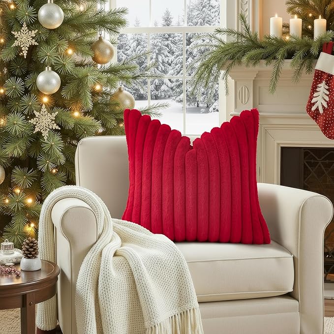 decorUhome Cozy Faux Fur Spring Throw Pillow Covers 16x16 Set of 2 Decorative Soft Plush Striped Modern Farmhouse Boho Couch Pillow Cases with Velvet Back for Sofa Bed Living Room, Red