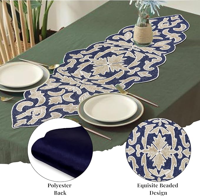 Beaded Table Runner, 36x13 | Glass beads on polyester satin backing, 36x13 in - Image 5