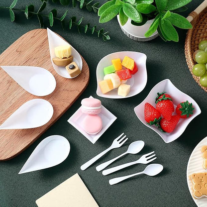Tessco 800 Pcs Mini Appetizer Plates Set Including 400 Disposable Dessert Plates Assorted Shape 200 Mini Plastic Forks 200 Plastic Spoons for Party(White,Classic)