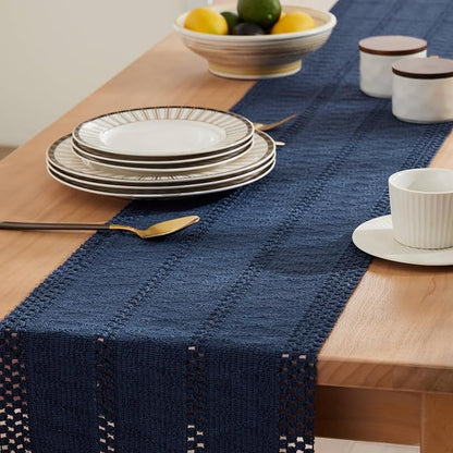 Macrame Style Boho Table Runner, 12x48 Inch Navy Blue | Woven Boho Table Runner - Image 5