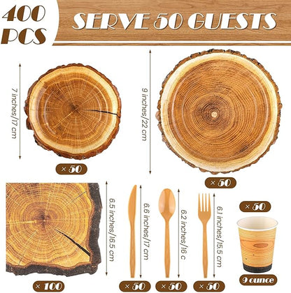 Kochorie 400 Pieces Wood Slice Disposable Tableware Sets, Rustic Wood Party Supplies with Plates Cups Napkins Cutlery Serves 50 for Birthday Hunting Forest Themed Party Decorations