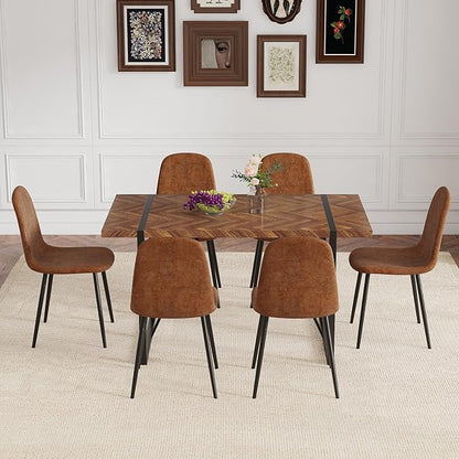 Dinner Table Set for 6, Modern 55'' Wood Dining Table with Fabric Dining Chairs Set of 6,Dining Room Sets for 6,Ideal for Kitchen Dining Room