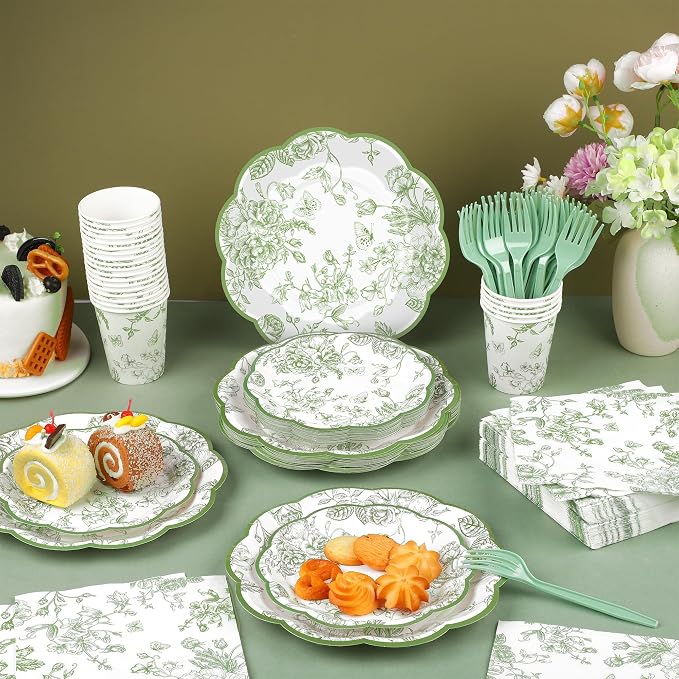 Kochorie 144 Pieces Sage Green Floral Paper Plates and Napkins Party Supplies - Image 4