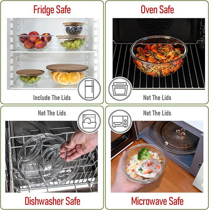 Set of 5 Nesting Glass Bowls with New Updated Acacia Lids for Foodprep, Storage, Mixing & Cooking - Microwave & Oven-ready BPA Free Durable Heat Resistant Inert Borosilicate Glass