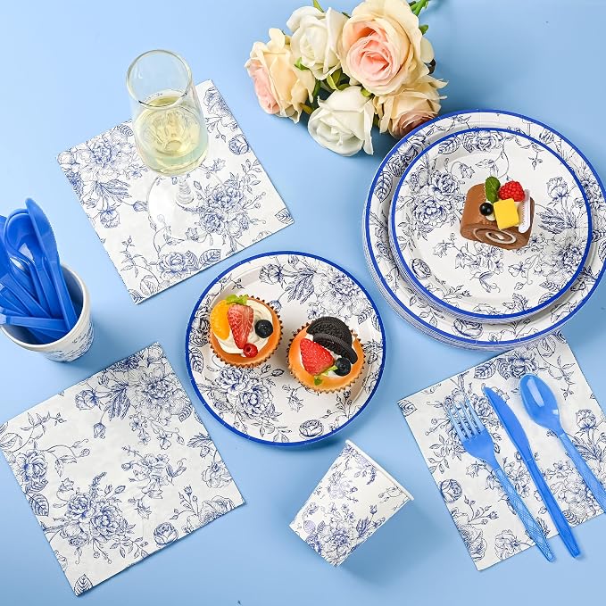 175Pcs Blue Floral Paper Plates and Napkins 25 Guests Blue Toile Chinoiserie - Image 3