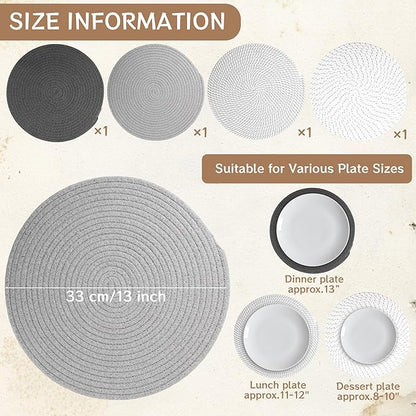 Kochorie Set of 4 Round Woven Cotton Placemats, 13 Inch Boho Table Mats for Kitchen and Dining Table, Farmhouse Heat Resistant Washable Trivets, Fall Thanksgiving Christmas Décor (Mixed Gray)