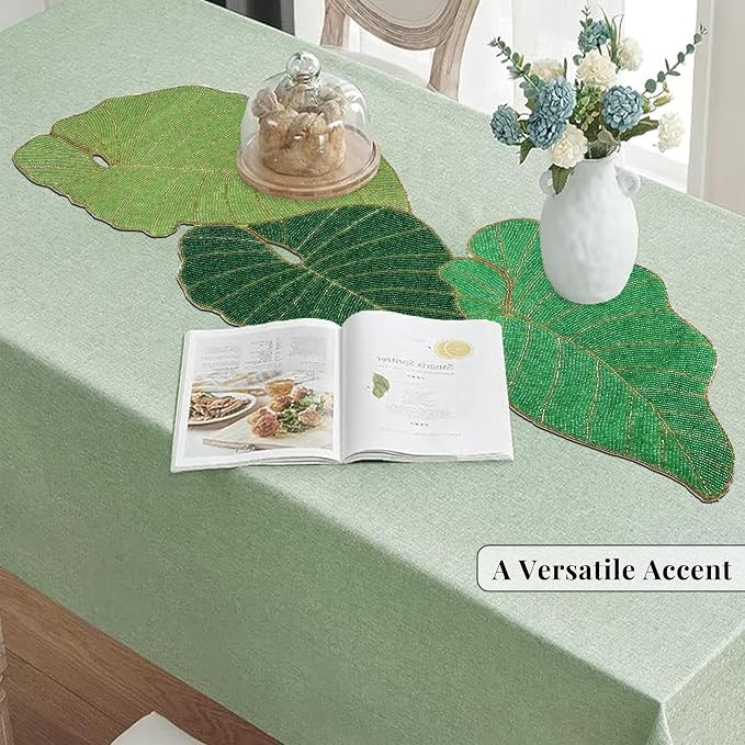 Green Leaf Beaded Table Runner, 36 in, Handcrafted Décor | 13x36 in, glass - Image 7