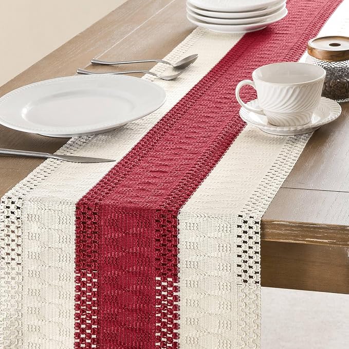 Macrame Style Bicolor Stitching Table Runner 14x60in Red | Woven Boho Table - Image 4