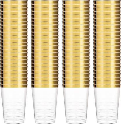 Munfix Gold Plastic Cups - 16 Oz Clear Tumblers with Gold Rim - Elegant Disposable Wedding & Party Cups